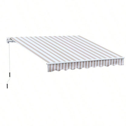 Outsunny 10x 8 Retractable Awning, Patio Awnings, Sunshade Shelter/ Manual Crank Handle, - Resistant Fabric and Aluminum Frame Deck, Balcony, Yard, Beige Stripes