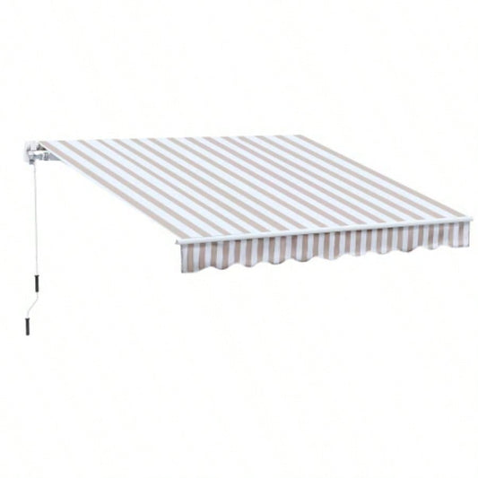 Outsunny 10x 8 Retractable Awning, Patio Awnings, Sunshade Shelter/ Manual Crank Handle, - Resistant Fabric and Aluminum Frame Deck, Balcony, Yard, Beige Stripes