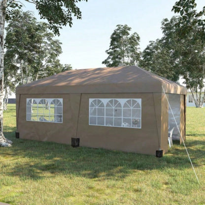 Outsunny 10x 19.5 Up Canopy Tent with Sidewalls, UPF 30+ Height Adjustable Large Party Tent Event Shelter with Leg Weight Bags and Wheeled Carry Bag Garden, Patio, Brown