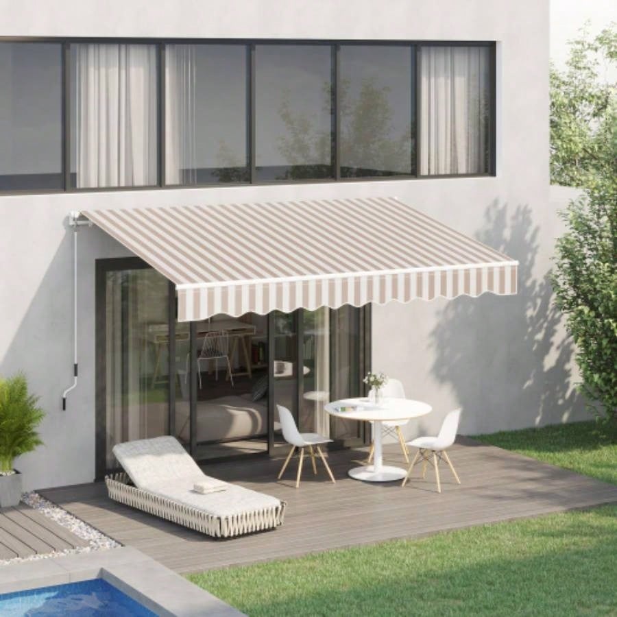 Outsunny 10x 8 Retractable Awning, Patio Awnings, Sunshade Shelter/ Manual Crank Handle, - Resistant Fabric and Aluminum Frame Deck, Balcony, Yard, Beige Stripes