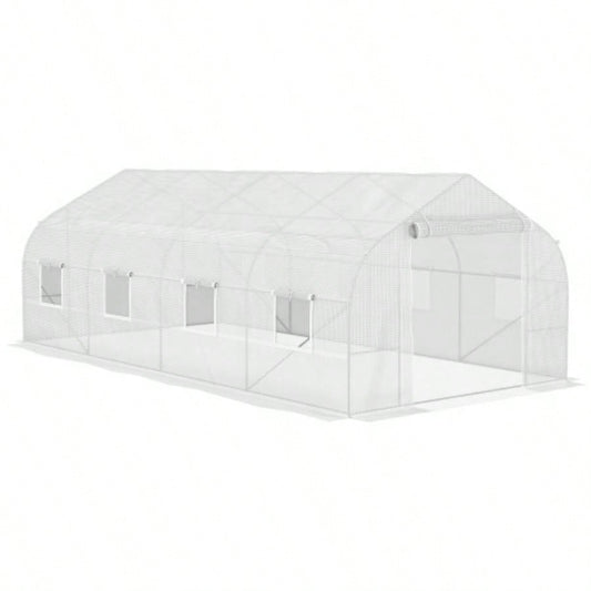 Outsunny 20x 10x Walk - in Tunnel Greenhouse with Zippered Mesh Door 8 Mesh, Gardening Plant Hot House with Galvanized Steel Hoops, White