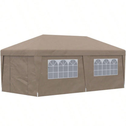 Outsunny 10x 19.5 Up Canopy Tent with Sidewalls, UPF 30+ Height Adjustable Large Party Tent Event Shelter with Leg Weight Bags and Wheeled Carry Bag Garden, Patio, Brown