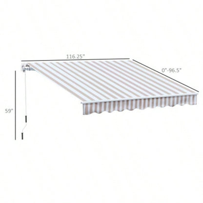Outsunny 10x 8 Retractable Awning, Patio Awnings, Sunshade Shelter/ Manual Crank Handle, - Resistant Fabric and Aluminum Frame Deck, Balcony, Yard, Beige Stripes