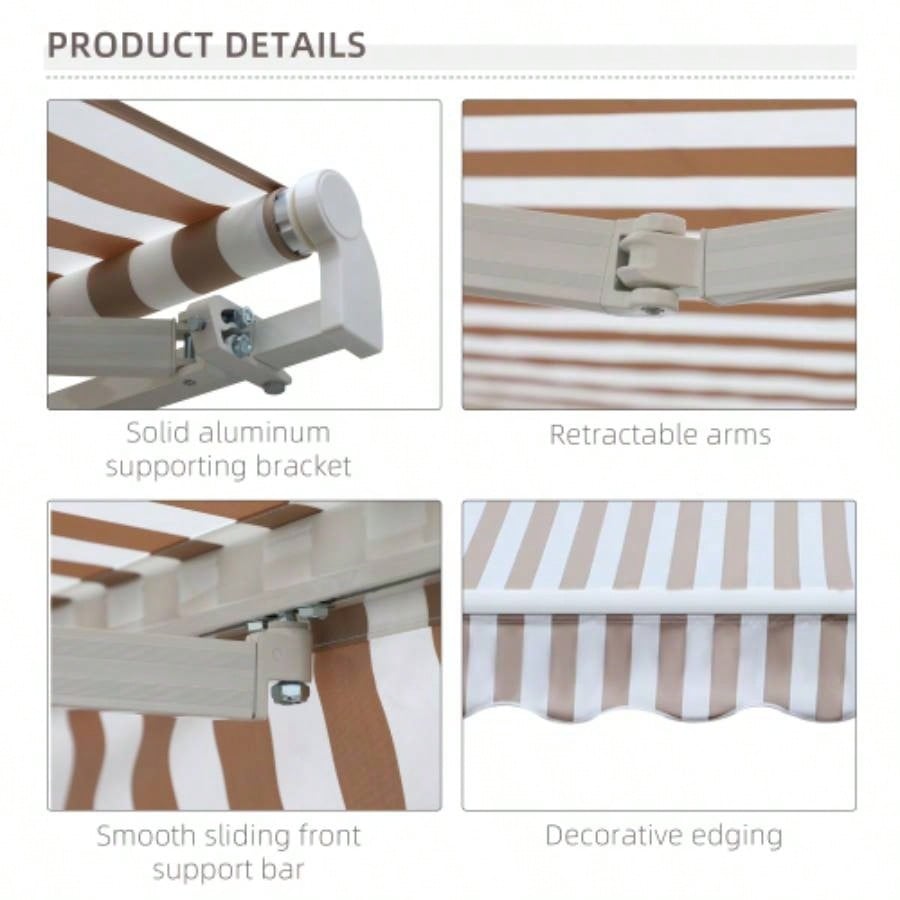 Outsunny 10x 8 Retractable Awning, Patio Awnings, Sunshade Shelter/ Manual Crank Handle, - Resistant Fabric and Aluminum Frame Deck, Balcony, Yard, Beige Stripes