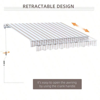 Outsunny 10x 8 Retractable Awning, Patio Awnings, Sunshade Shelter/ Manual Crank Handle, - Resistant Fabric and Aluminum Frame Deck, Balcony, Yard, Beige Stripes