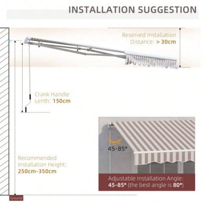 Outsunny 10x 8 Retractable Awning, Patio Awnings, Sunshade Shelter/ Manual Crank Handle, - Resistant Fabric and Aluminum Frame Deck, Balcony, Yard, Beige Stripes