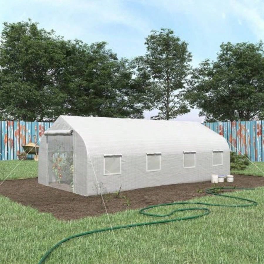 Outsunny 20x 10x Walk - in Tunnel Greenhouse with Zippered Mesh Door 8 Mesh, Gardening Plant Hot House with Galvanized Steel Hoops, White