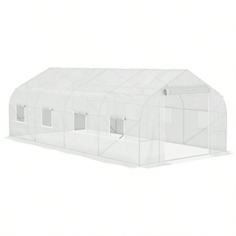 Outsunny 20x 10x Walk - in Tunnel Greenhouse with Zippered Mesh Door 8 Mesh, Gardening Plant Hot House with Galvanized Steel Hoops, White