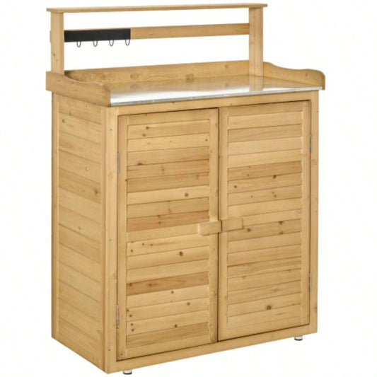 Garden Potting Table Wooden Workstation Shed with Tabletop, Hooks, 3 - Tier Shelves Cabinet and 2 Magnetic Close Doors