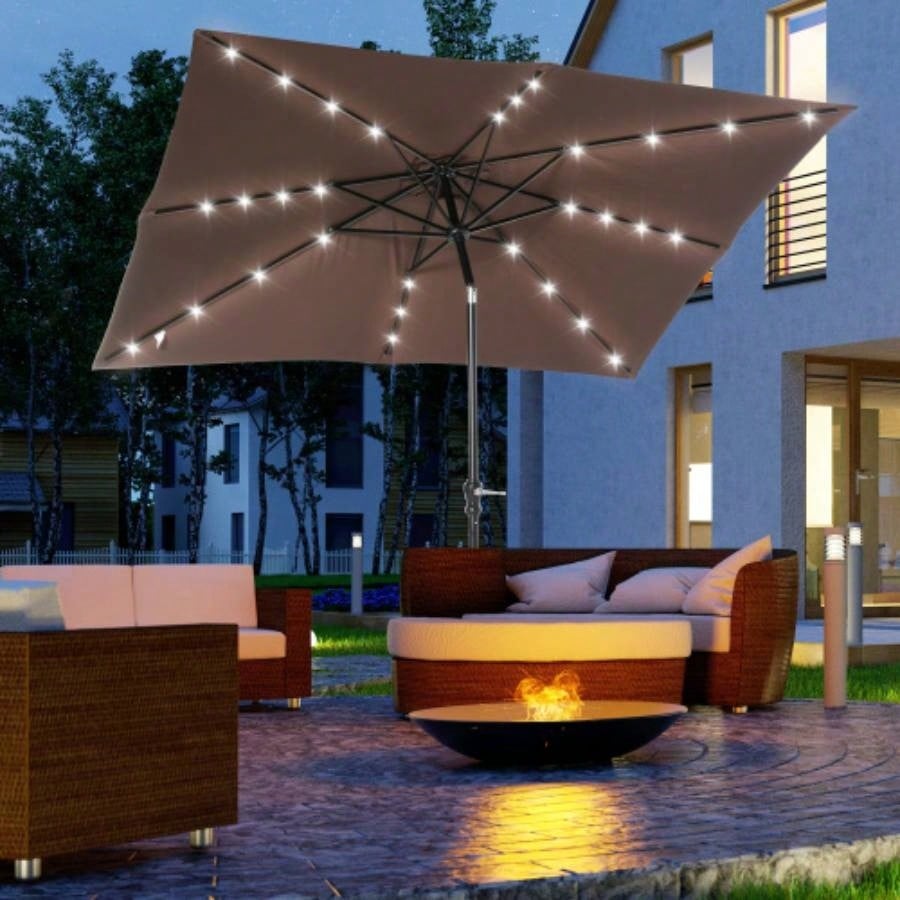 Outsunny 9x, LED Lighted Patio Table or Base with Tilt Crank, Outdoor Garden, Deck, Backyard, Pool, Beach, Brown