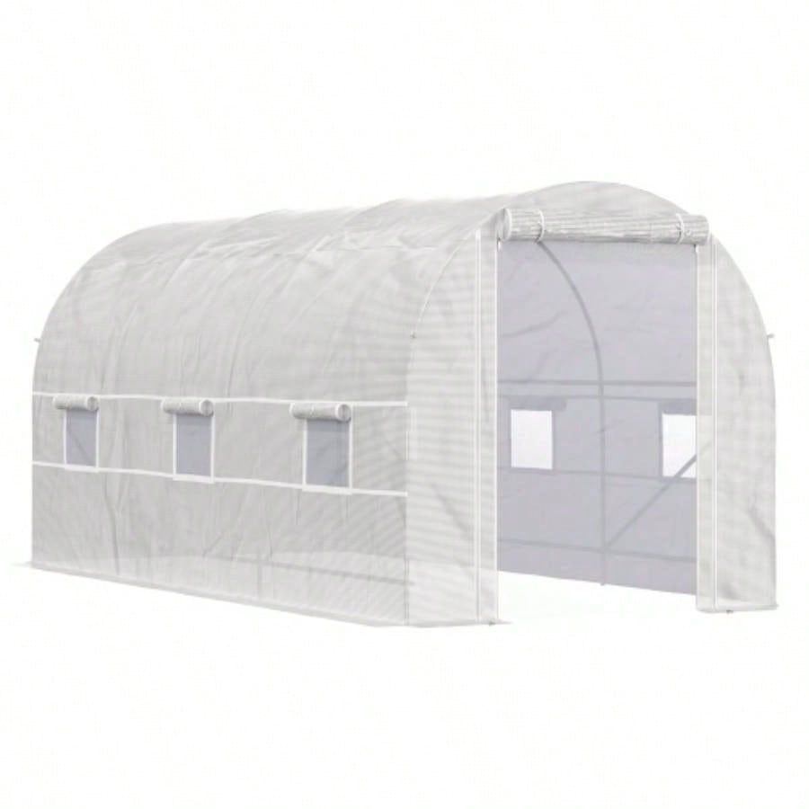 Outsunny 15xx Walk - In Tunnel Greenhouse, Large Garden Hot House Kit with 6 Roll - up Roll Up Door, Steel Frame, White