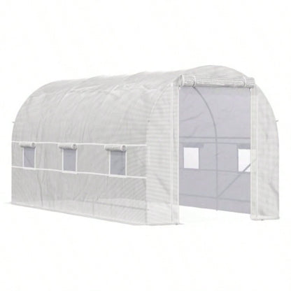 Outsunny 15xx Walk - In Tunnel Greenhouse, Large Garden Hot House Kit with 6 Roll - up Roll Up Door, Steel Frame, White