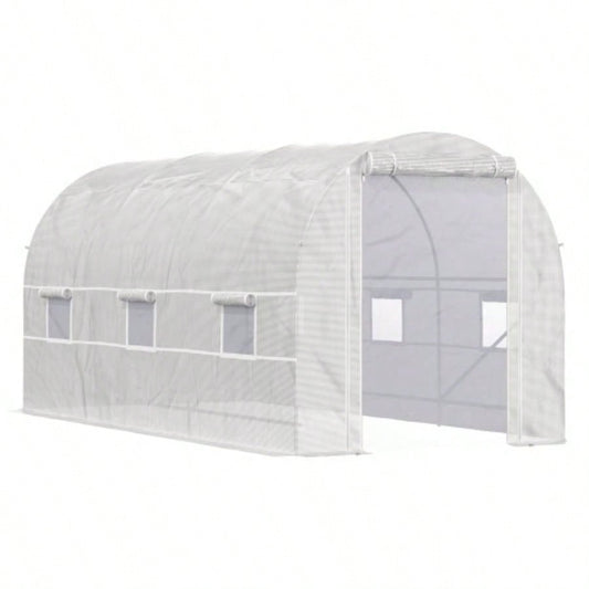 Outsunny 15xx Walk - In Tunnel Greenhouse, Large Garden Hot House Kit with 6 Roll - up Roll Up Door, Steel Frame, White
