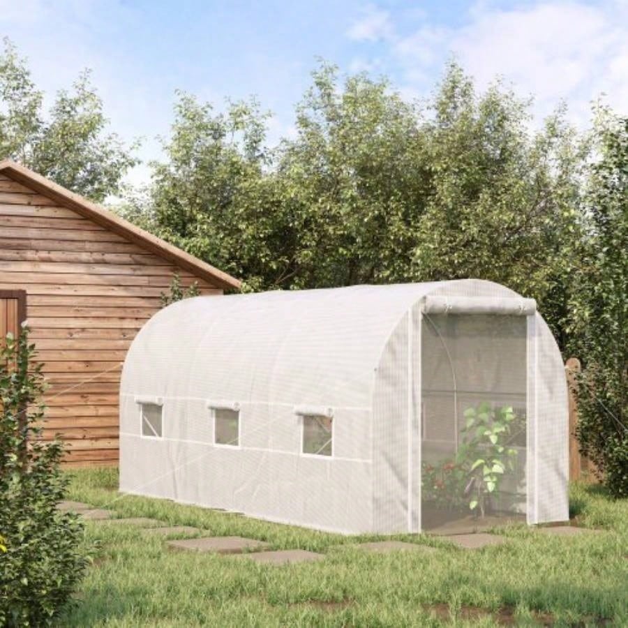 Outsunny 15xx Walk - In Tunnel Greenhouse, Large Garden Hot House Kit with 6 Roll - up Roll Up Door, Steel Frame, White