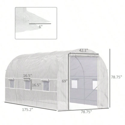 Outsunny 15xx Walk - In Tunnel Greenhouse, Large Garden Hot House Kit with 6 Roll - up Roll Up Door, Steel Frame, White