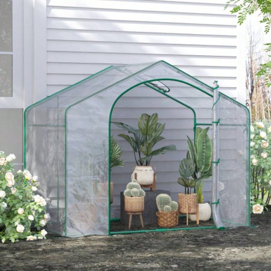 Outsunny 6x 3x 5 Portable Walk - in Greenhouse, PVC Cover, Steel Frame Garden Hot House, Zipper Door, Top Vent Flowers, Vegetables, Saplings,