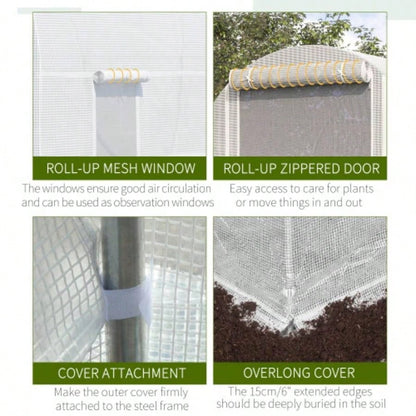 Outsunny 15xx Walk - In Tunnel Greenhouse, Large Garden Hot House Kit with 6 Roll - up Roll Up Door, Steel Frame, White