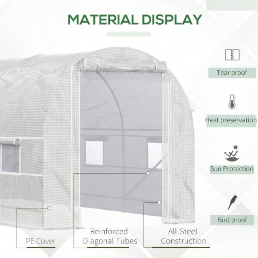 Outsunny 15xx Walk - In Tunnel Greenhouse, Large Garden Hot House Kit with 6 Roll - up Roll Up Door, Steel Frame, White