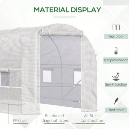 Outsunny 15xx Walk - In Tunnel Greenhouse, Large Garden Hot House Kit with 6 Roll - up Roll Up Door, Steel Frame, White
