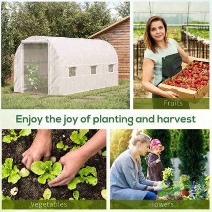 Outsunny 15xx Walk - In Tunnel Greenhouse, Large Garden Hot House Kit with 6 Roll - up Roll Up Door, Steel Frame, White