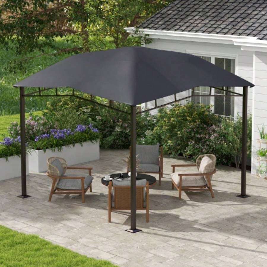 Outsunny 10x 10 Soft Top Patio Gazebo Outdoor Canopy with Unique Geometric Design Roof, All - weather Steel Frame, Gray
