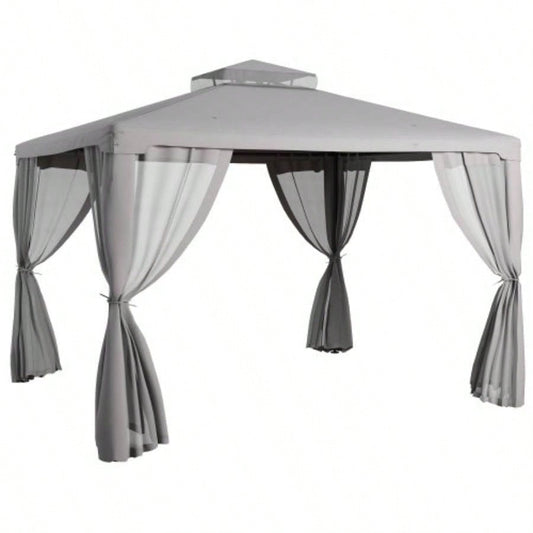 Outsunny 9.6x 11.6 Patio Gazebo, Outdoor Canopy Shelter with 2 - Tier Roof and Netting, Steel Frame Garden, Lawn, Backyard, and Deck, Gray