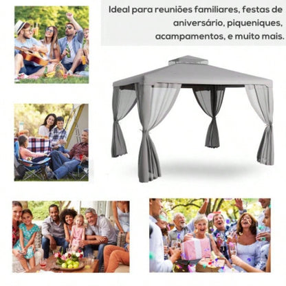 Outsunny 9.6x 11.6 Patio Gazebo, Outdoor Canopy Shelter with 2 - Tier Roof and Netting, Steel Frame Garden, Lawn, Backyard, and Deck, Gray
