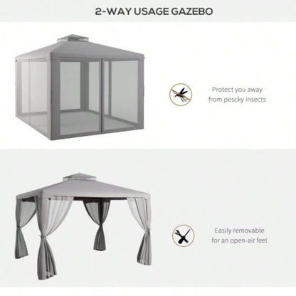 Outsunny 9.6x 11.6 Patio Gazebo, Outdoor Canopy Shelter with 2 - Tier Roof and Netting, Steel Frame Garden, Lawn, Backyard, and Deck, Gray
