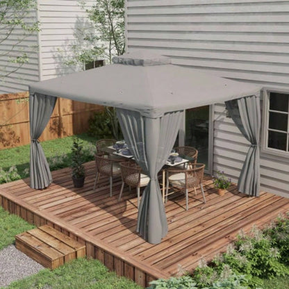 Outsunny 9.6x 11.6 Patio Gazebo, Outdoor Canopy Shelter with 2 - Tier Roof and Netting, Steel Frame Garden, Lawn, Backyard, and Deck, Gray