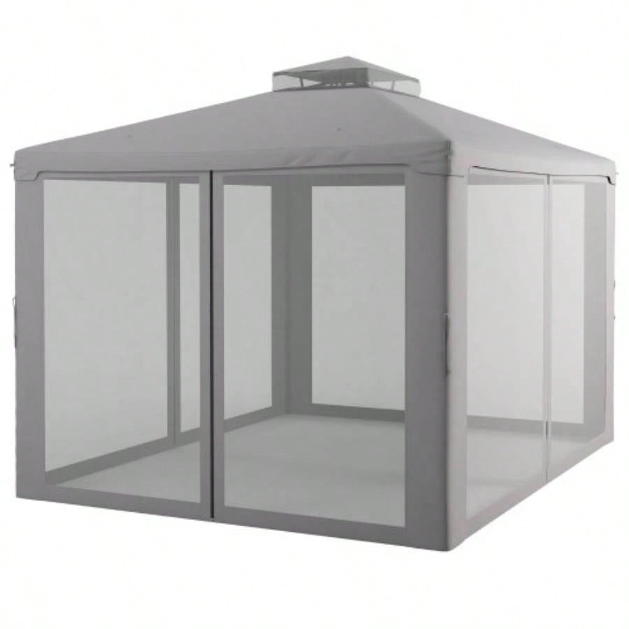 Outsunny 9.6x 11.6 Patio Gazebo, Outdoor Canopy Shelter with 2 - Tier Roof and Netting, Steel Frame Garden, Lawn, Backyard, and Deck, Gray