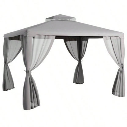 Outsunny 9.6x 11.6 Patio Gazebo, Outdoor Canopy Shelter with 2 - Tier Roof and Netting, Steel Frame Garden, Lawn, Backyard, and Deck, Gray