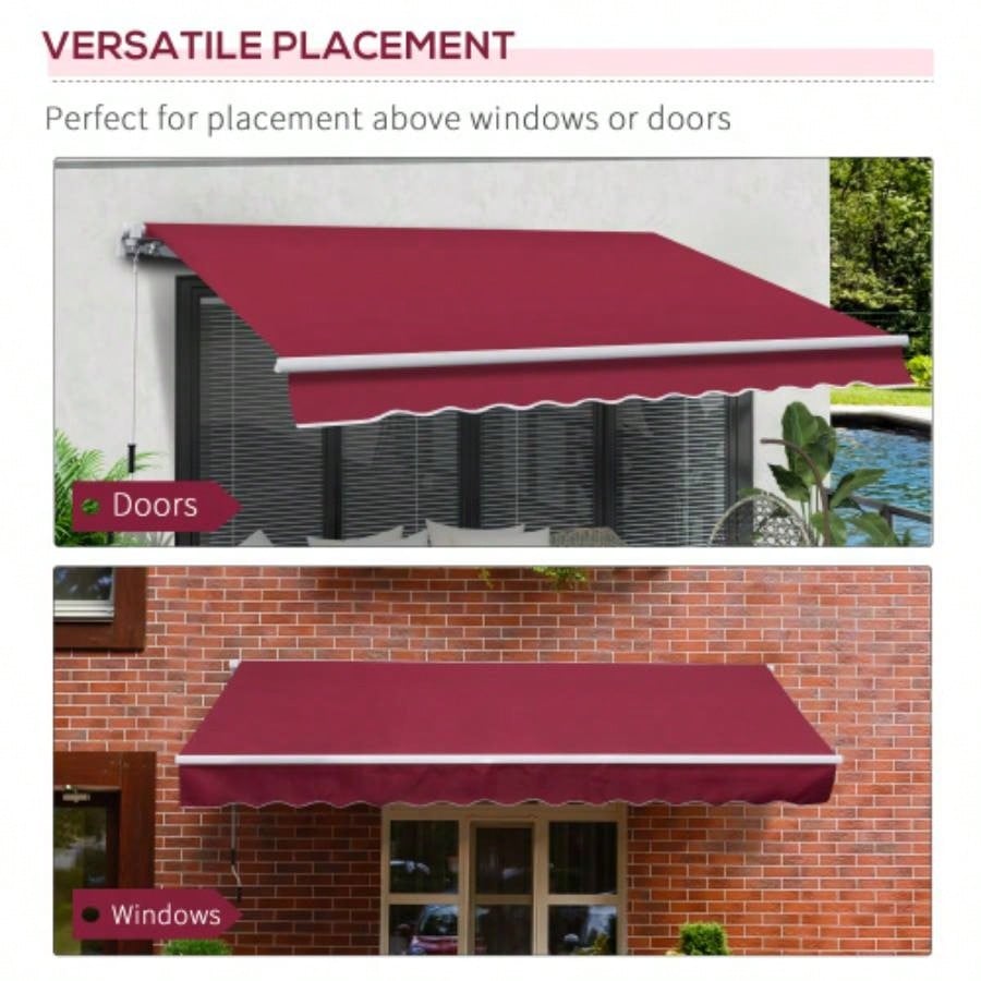 Outsunny 12x 8 Retractable Awning, Patio Awning Shade Shelter with Manual Crank Handle, 280g/ and - Resistant Fabric, Aluminum Frame Deck, Balcony, Yard, Red