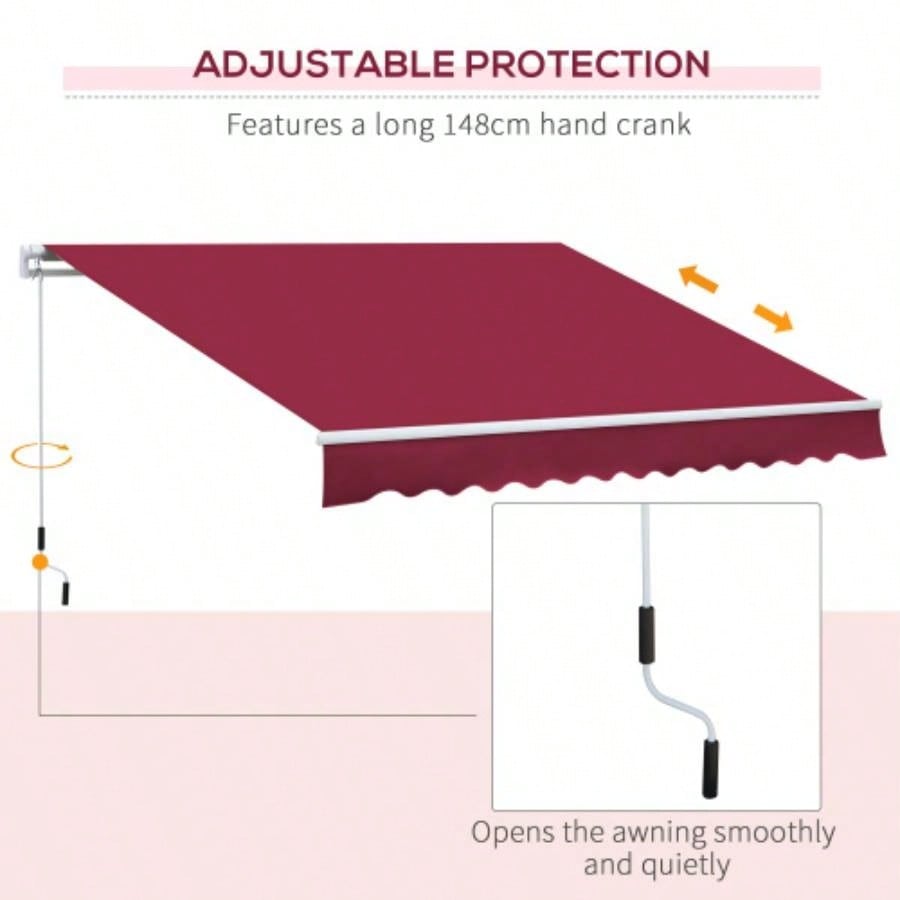 Outsunny 12x 8 Retractable Awning, Patio Awning Shade Shelter with Manual Crank Handle, 280g/ and - Resistant Fabric, Aluminum Frame Deck, Balcony, Yard, Red