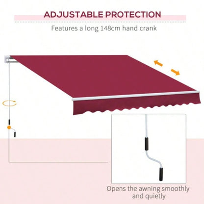 Outsunny 12x 8 Retractable Awning, Patio Awning Shade Shelter with Manual Crank Handle, 280g/ and - Resistant Fabric, Aluminum Frame Deck, Balcony, Yard, Red