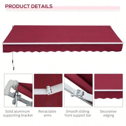 Outsunny 12x 8 Retractable Awning, Patio Awning Shade Shelter with Manual Crank Handle, 280g/ and - Resistant Fabric, Aluminum Frame Deck, Balcony, Yard, Red