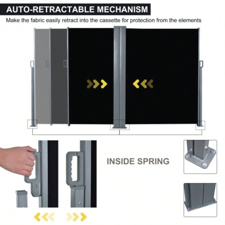Outsunny 20 Double Retractable Patio Side Awning Garden Shade with - Fighting Screen, Auto Pull - Back Function, Steel Frame, Outdoor or Indoor Use, Black