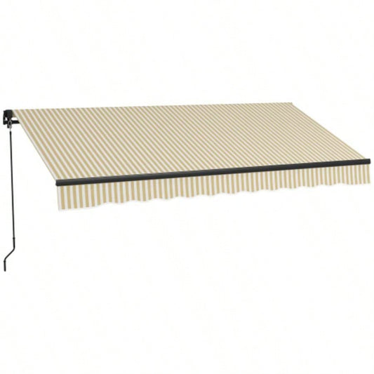 Outsunny 12x 10 Retractable Awning, Patio Awning Sunshade Shelter with Manual Crank Handle, 280gsm Resistant Fabric and Aluminum Frame Deck, Balcony, Yard, Beige and White