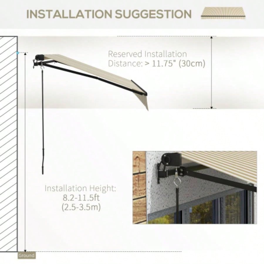 Outsunny 12x 10 Retractable Awning, Patio Awning Sunshade Shelter with Manual Crank Handle, 280gsm Resistant Fabric and Aluminum Frame Deck, Balcony, Yard, Beige and White