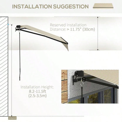 Outsunny 12x 10 Retractable Awning, Patio Awning Sunshade Shelter with Manual Crank Handle, 280gsm Resistant Fabric and Aluminum Frame Deck, Balcony, Yard, Beige and White