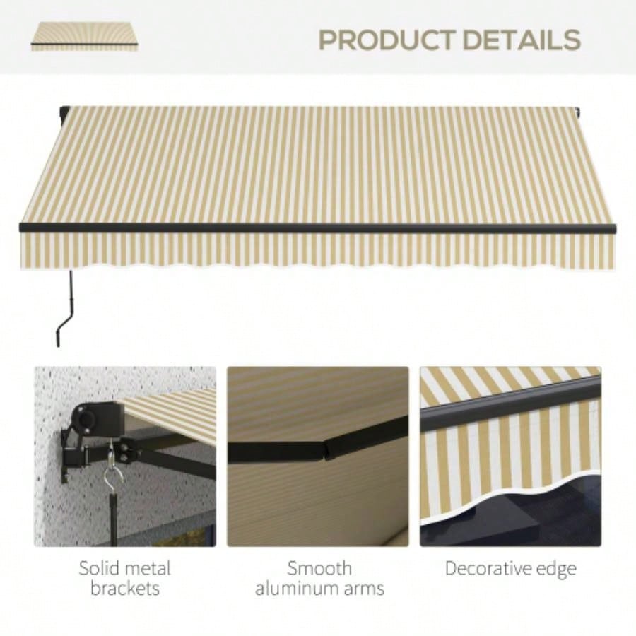 Outsunny 12x 10 Retractable Awning, Patio Awning Sunshade Shelter with Manual Crank Handle, 280gsm Resistant Fabric and Aluminum Frame Deck, Balcony, Yard, Beige and White