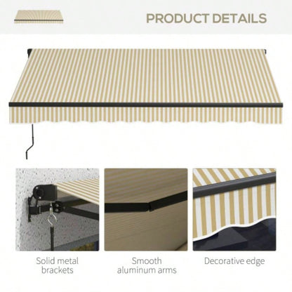 Outsunny 12x 10 Retractable Awning, Patio Awning Sunshade Shelter with Manual Crank Handle, 280gsm Resistant Fabric and Aluminum Frame Deck, Balcony, Yard, Beige and White