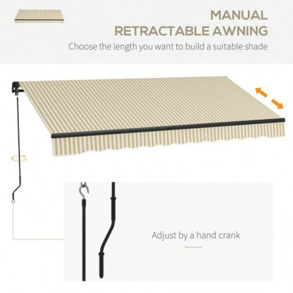 Outsunny 12x 10 Retractable Awning, Patio Awning Sunshade Shelter with Manual Crank Handle, 280gsm Resistant Fabric and Aluminum Frame Deck, Balcony, Yard, Beige and White