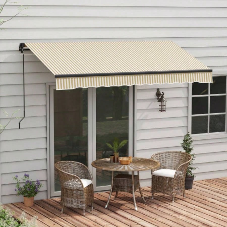 Outsunny 12x 10 Retractable Awning, Patio Awning Sunshade Shelter with Manual Crank Handle, 280gsm Resistant Fabric and Aluminum Frame Deck, Balcony, Yard, Beige and White