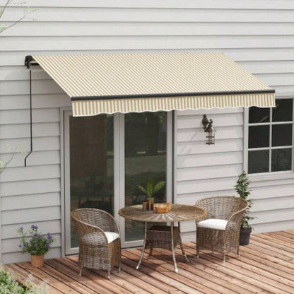 Outsunny 12x 10 Retractable Awning, Patio Awning Sunshade Shelter with Manual Crank Handle, 280gsm Resistant Fabric and Aluminum Frame Deck, Balcony, Yard, Beige and White
