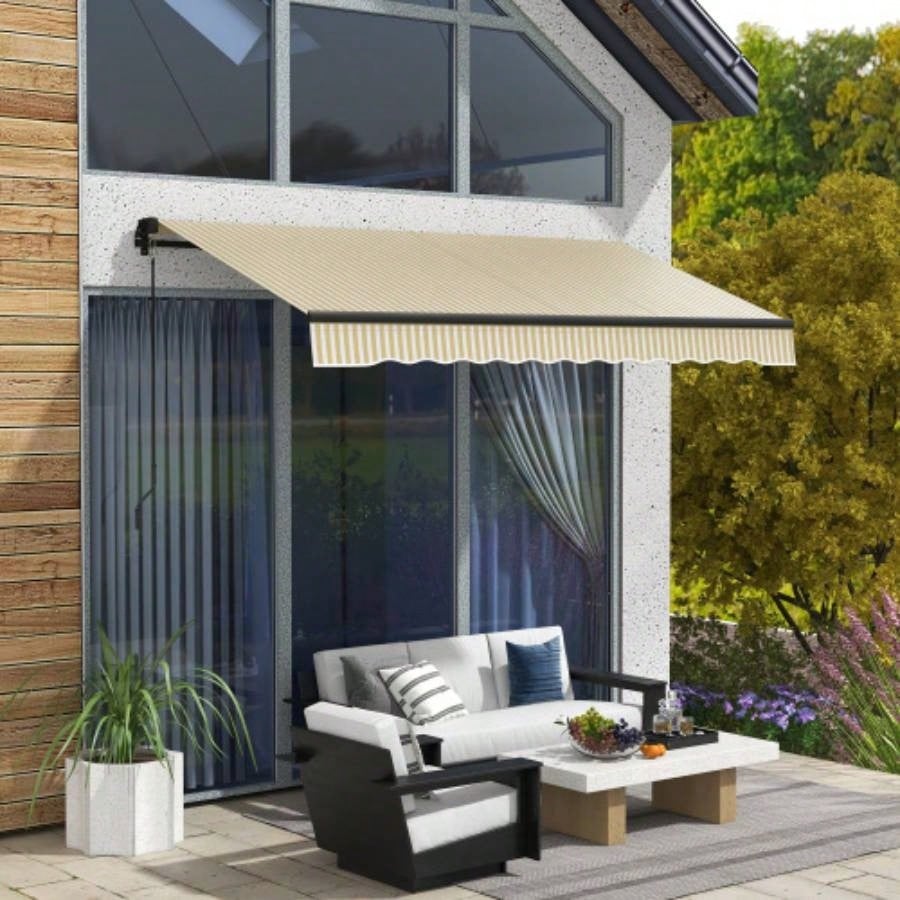 Outsunny 12x 10 Retractable Awning, Patio Awning Sunshade Shelter with Manual Crank Handle, 280gsm Resistant Fabric and Aluminum Frame Deck, Balcony, Yard, Beige and White