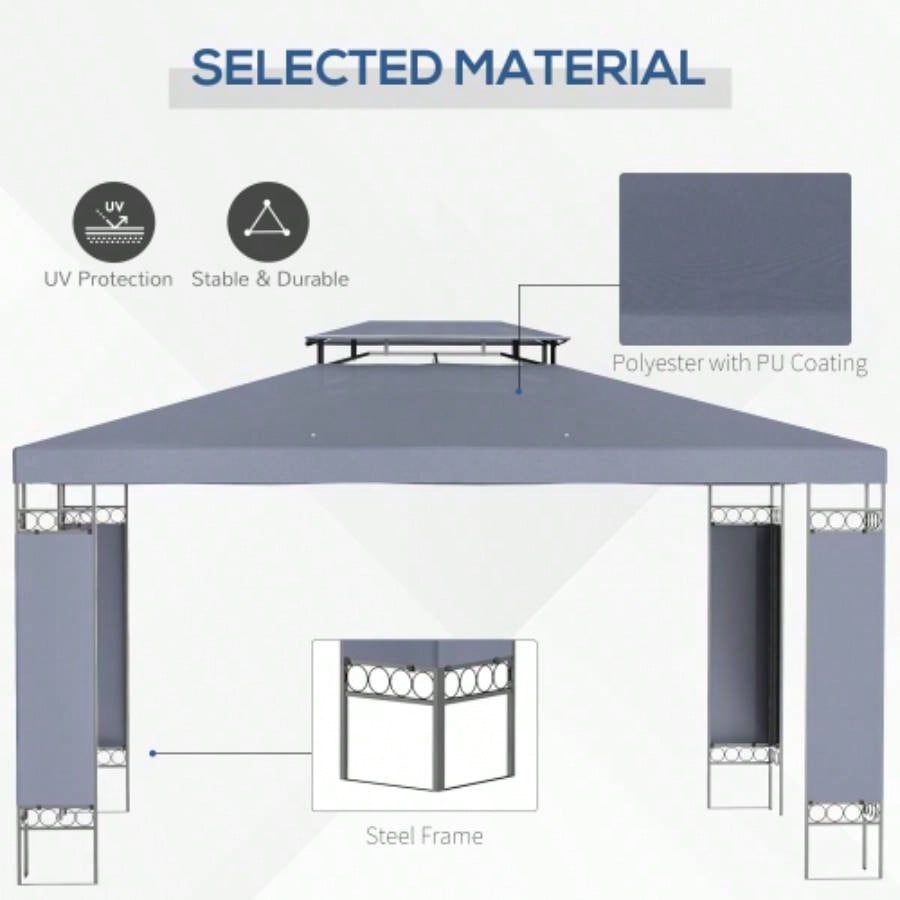 Outsunny 10x 13 Patio Gazebo, Double Roof Outdoor Gazebo Canopy Shelter with Screen Decorate Corner Frame, Garden, Lawn, Backyard and Deck, Gray