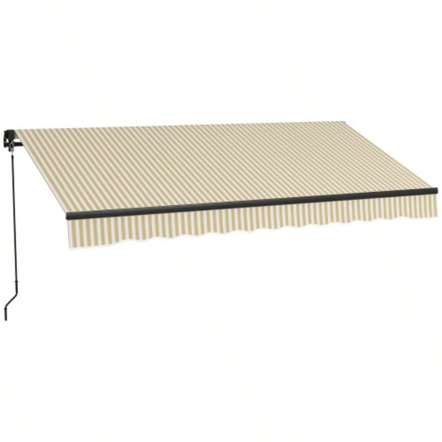 Outsunny 12x 10 Retractable Awning, Patio Awning Sunshade Shelter with Manual Crank Handle, 280gsm Resistant Fabric and Aluminum Frame Deck, Balcony, Yard, Beige and White