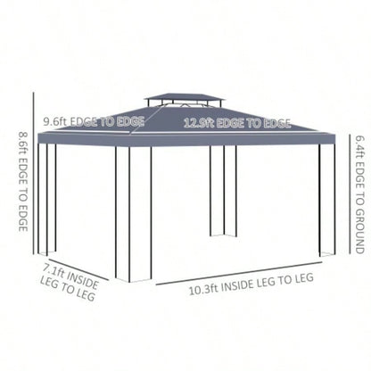 Outsunny 10x 13 Patio Gazebo, Double Roof Outdoor Gazebo Canopy Shelter with Screen Decorate Corner Frame, Garden, Lawn, Backyard and Deck, Gray