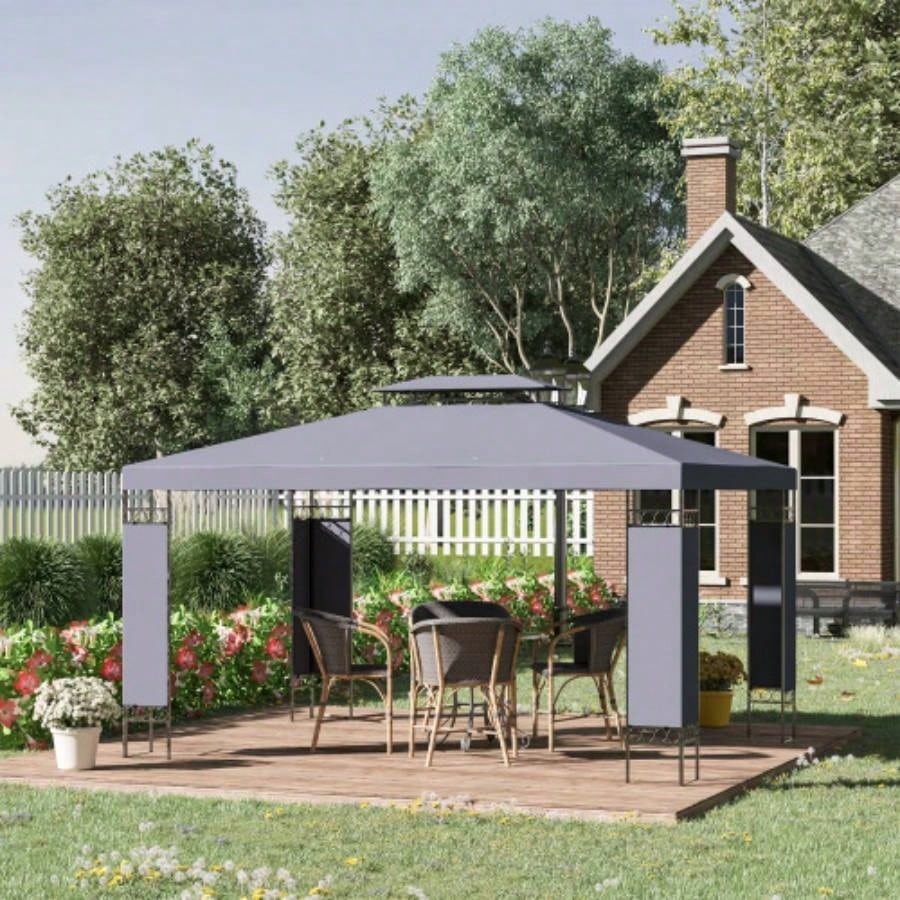 Outsunny 10x 13 Patio Gazebo, Double Roof Outdoor Gazebo Canopy Shelter with Screen Decorate Corner Frame, Garden, Lawn, Backyard and Deck, Gray