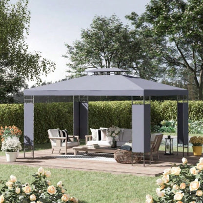 Outsunny 10x 13 Patio Gazebo, Double Roof Outdoor Gazebo Canopy Shelter with Screen Decorate Corner Frame, Garden, Lawn, Backyard and Deck, Gray